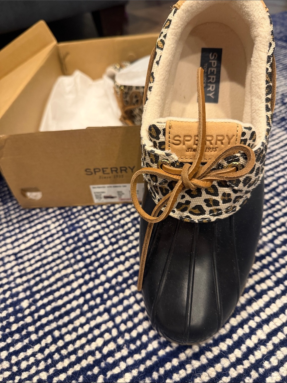 Sperry Black Duck Boot with Leopard Cuff and Tan Laces